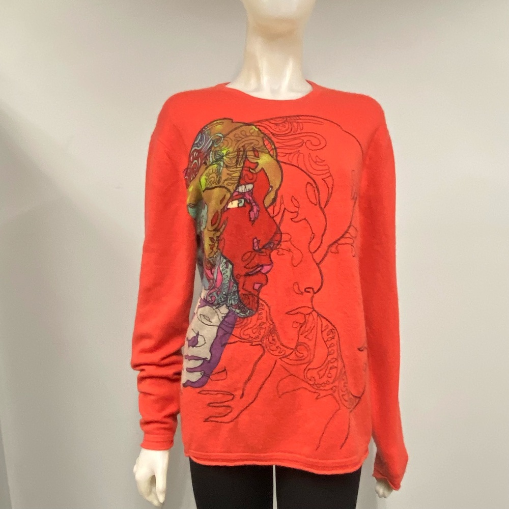 RAW 7 Orange Faces 100% Cashmere Crewneck Sweater Small S